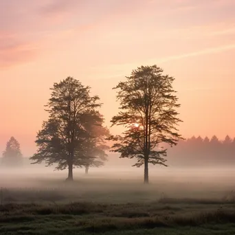 Trees in a foggy meadow at sunrise - Image 4