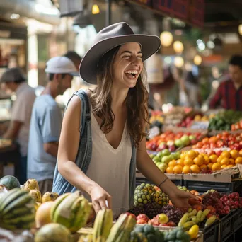 Vendor selling organic fruits at a busy market. - Image 2