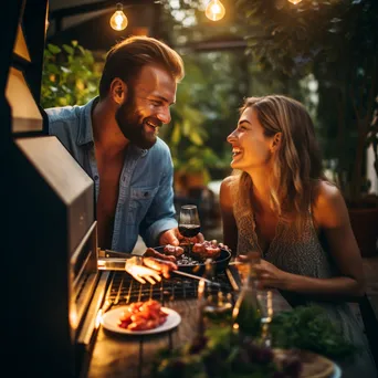 Couple grilling steaks outdoors with wine - Image 4