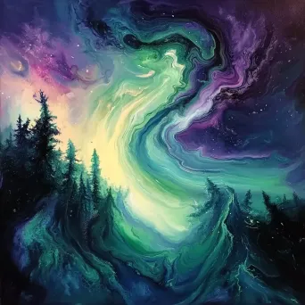 Acrylic paint pour art depicting Aurora Borealis over a tundra - Image 1