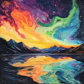 Acrylic paint pour art depicting Aurora Borealis over a tundra - Image 2