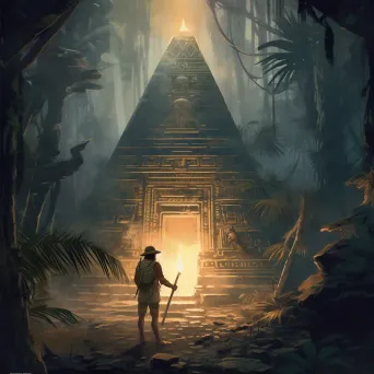 Explorer at Ancient Pyramid Entrance in Jungle