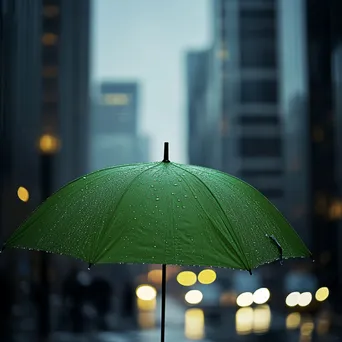 Green umbrella in a grey urban environment during rain - Image 3