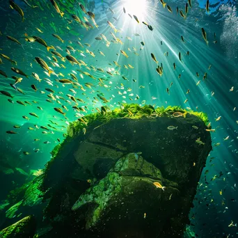 Underwater view of fish swimming around a rock covered in green algae. - Image 1