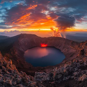 Timelapse sequence of a crater lake evolving into a volcanic eruption at dusk - Image 1