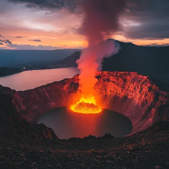 Timelapse sequence of a crater lake evolving into a volcanic eruption at dusk - Image 3