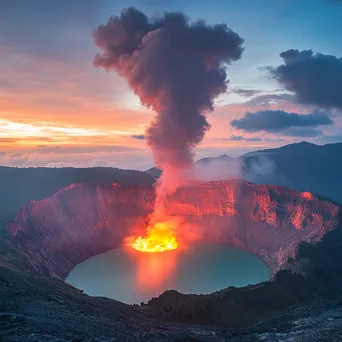 Timelapse sequence of a crater lake evolving into a volcanic eruption at dusk - Image 4