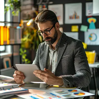 Customer support agent analyzing data on a tablet in office - Image 1