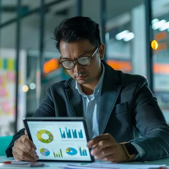 Customer support agent analyzing data on a tablet in office - Image 2