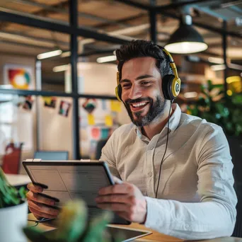 Customer support agent analyzing data on a tablet in office - Image 4