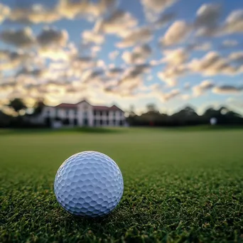 Golf ball on a tee with clubhouse and cloudy sky background - Image 1