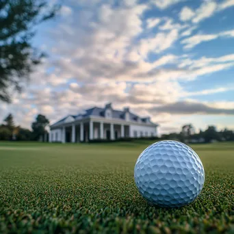 Golf ball on a tee with clubhouse and cloudy sky background - Image 2