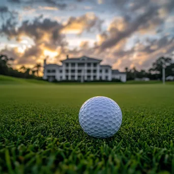 Golf ball on a tee with clubhouse and cloudy sky background - Image 3