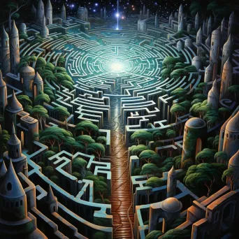 Neo-surrealistic artwork of a holographic labyrinth leading to a quantum realm - Image 2