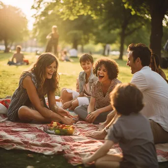 Family enjoying a picnic in the park with children playing frisbee. - Image 3