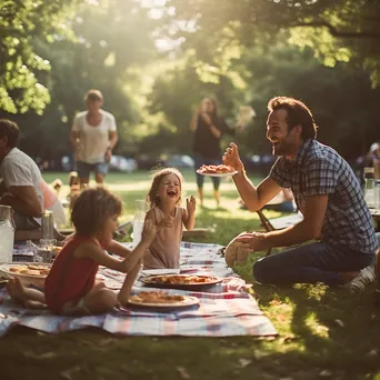 Family enjoying a picnic in the park with children playing frisbee. - Image 4