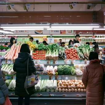 Display of seasonal vegetables in a supermarket attracting shoppers