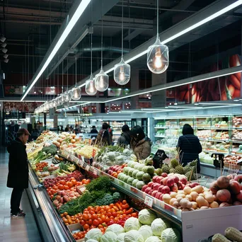 Display of seasonal vegetables in a supermarket attracting shoppers