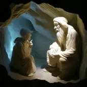 Wise hermit sharing knowledge with a young traveler in a remote mountain cave - Image 1