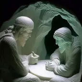 Wise hermit sharing knowledge with a young traveler in a remote mountain cave - Image 4