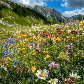 A colorful patch of wildflowers in an alpine meadow with active bees. - Image 1