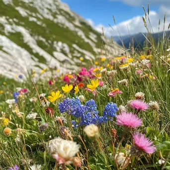 A colorful patch of wildflowers in an alpine meadow with active bees. - Image 3