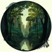 Reflection of bustling cityscape in a mirror placed in a lush forest - Image 1