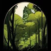 Reflection of bustling cityscape in a mirror placed in a lush forest - Image 2