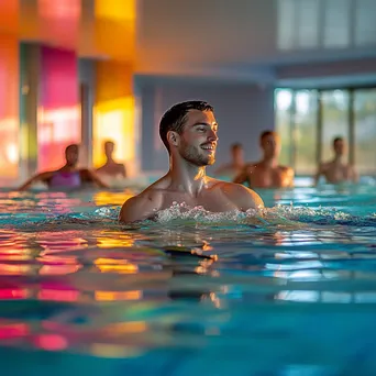 Male instructor leading water aerobics class in an indoor pool - Image 1