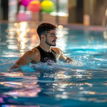 Male instructor leading water aerobics class in an indoor pool - Image 3