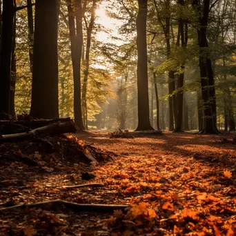 Autumn leaves covering the forest floor with golden light filtering through trees. - Image 3