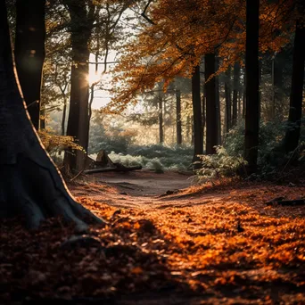 Autumn leaves covering the forest floor with golden light filtering through trees. - Image 4