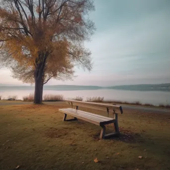 Lonely park bench by tranquil lake shot on Canon EOS R6 - Image 1