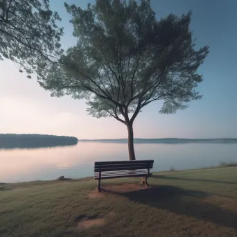 Lonely park bench by tranquil lake shot on Canon EOS R6 - Image 2