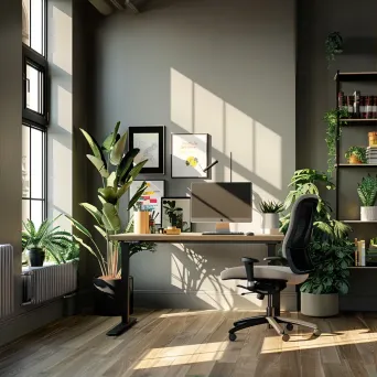 Modern office workspace with motivational posters and potted plants - Image 1