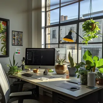 Modern office workspace with motivational posters and potted plants - Image 3