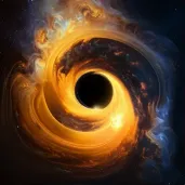 Image of a black hole in space surrounded by swirling glowing matter - Image 1