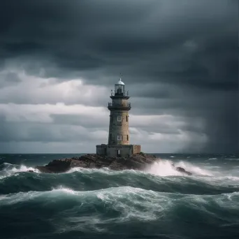 Historic lighthouse standing tall against stormy seas, dramatic clouds overhead - Image 1