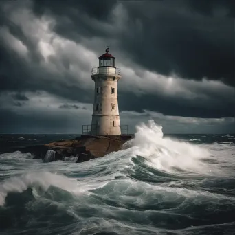 Historic lighthouse standing tall against stormy seas, dramatic clouds overhead - Image 3