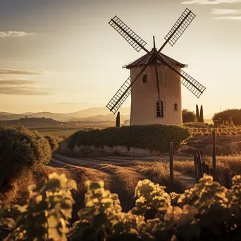 Italian windmill near vineyard during sunset - Image 1