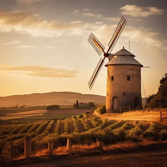 Italian windmill near vineyard during sunset - Image 2