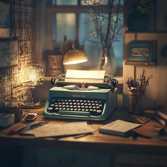 Cozy desk with a vintage typewriter and stationery in warm light - Image 2