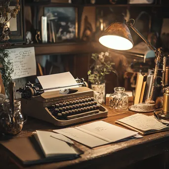 Cozy desk with a vintage typewriter and stationery in warm light - Image 3