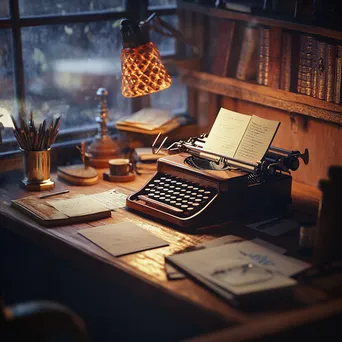 Cozy desk with a vintage typewriter and stationery in warm light - Image 4