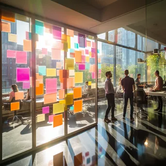 Colorful sticky notes on a glass wall in an office - Image 1