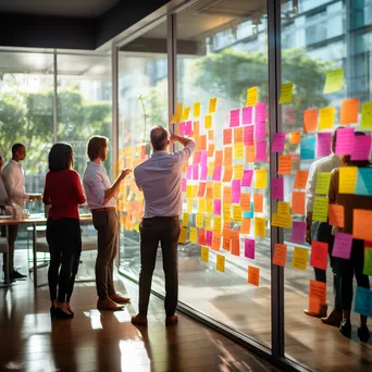 Colorful sticky notes on a glass wall in an office - Image 2