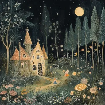 Whimsical fairy garden illuminated by moonlight in watercolor aesthetic - Image 2