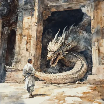 Watercolor painting of an explorer unearthing a sleeping dragon in an ancient temple - Image 4