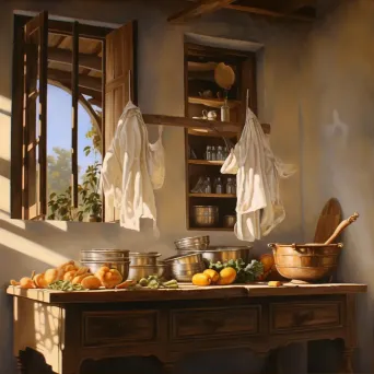 Oil painting of a traditional Italian kitchen with homemade pasta - Image 1