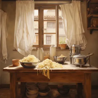 Oil painting of a traditional Italian kitchen with homemade pasta - Image 2